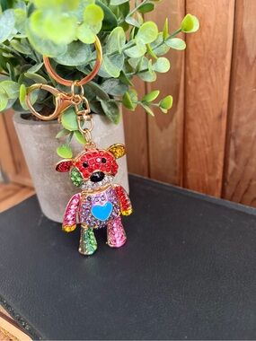 Rainbow Crystal Bear Keychain with Blue Heart Charm, Rhinestone Bag Charm